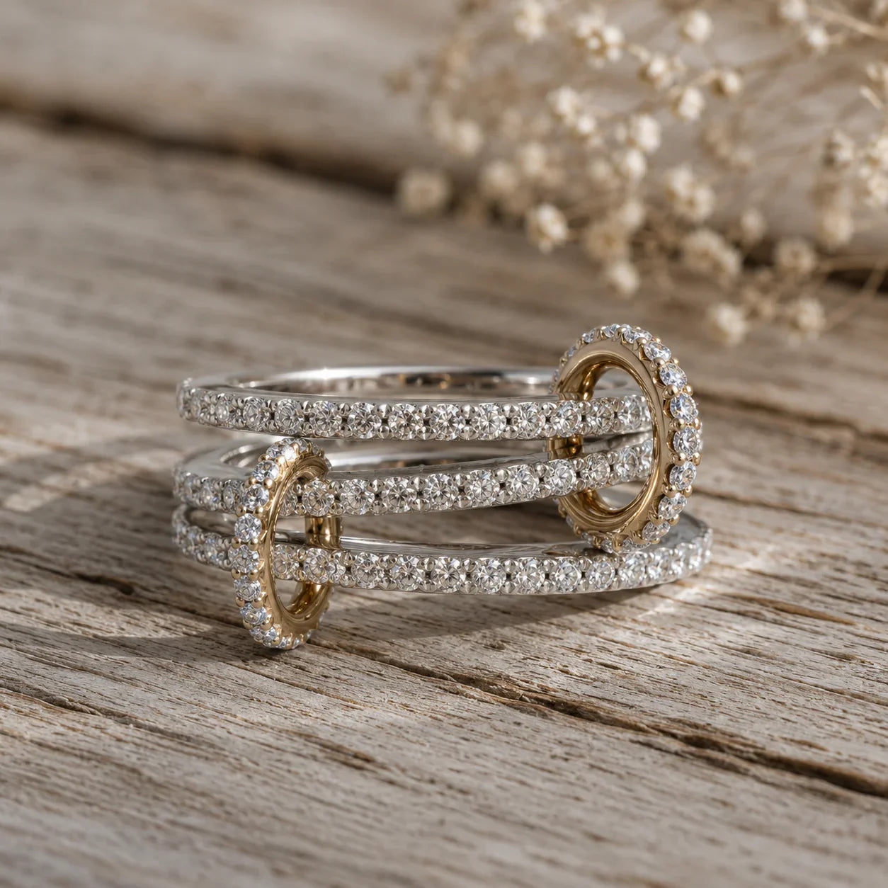 Elegant diamond eternity bands with gold accents, perfect for custom engagement rings or stackable wedding jewelry.