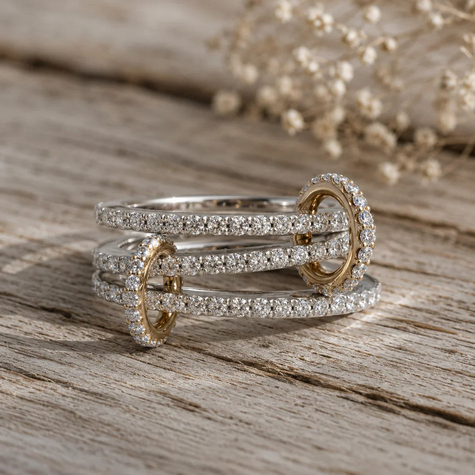 Elegant diamond eternity bands with gold accents, perfect for custom engagement rings or stackable wedding jewelry.