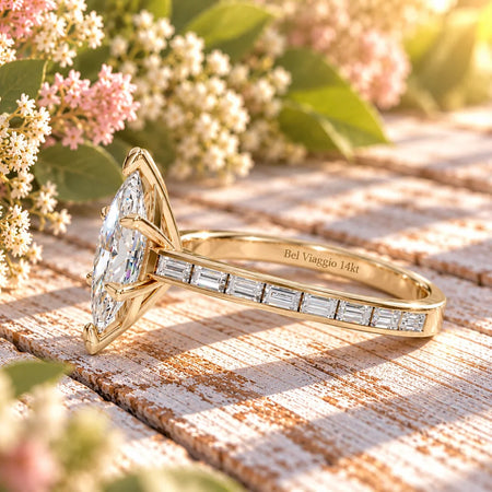 Bel Viaggio Designs marquise diamond engagement ring with baguette setting in 14kt gold