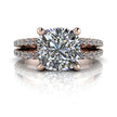 Cushion cut diamond engagement ring with double pavé band in rose gold, luxury jewelry
