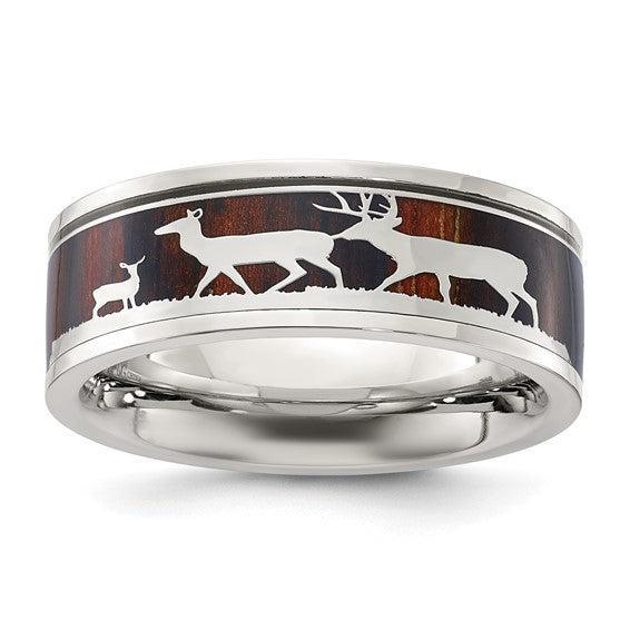 Stainless Steel Polished with Wood Inlay Deer Design 8mm Band – Bel ...